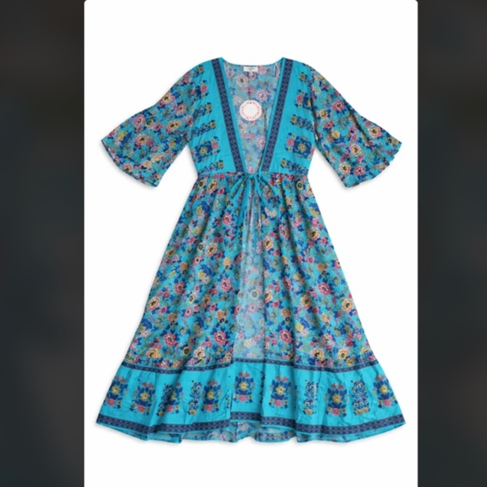 NWT UMGEE Long Kimono Sz S Turquoise Floral Print Front Tie Robe Swim Cover-Up